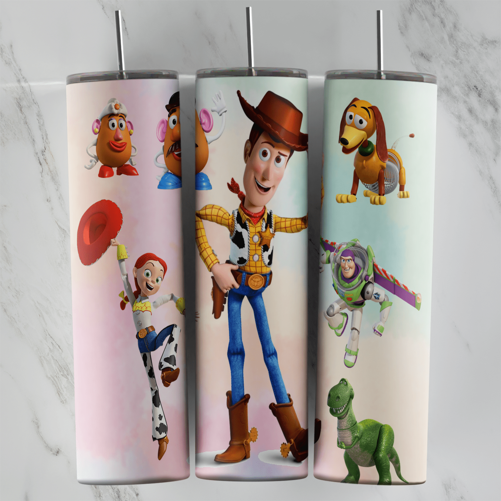A 20 oz skinny tumbler wrap on soft pastel colors: Woody in the center with Mr. Potato Head, Jessie, Slinky Dog, Buzz Lightyear. Sublimation design