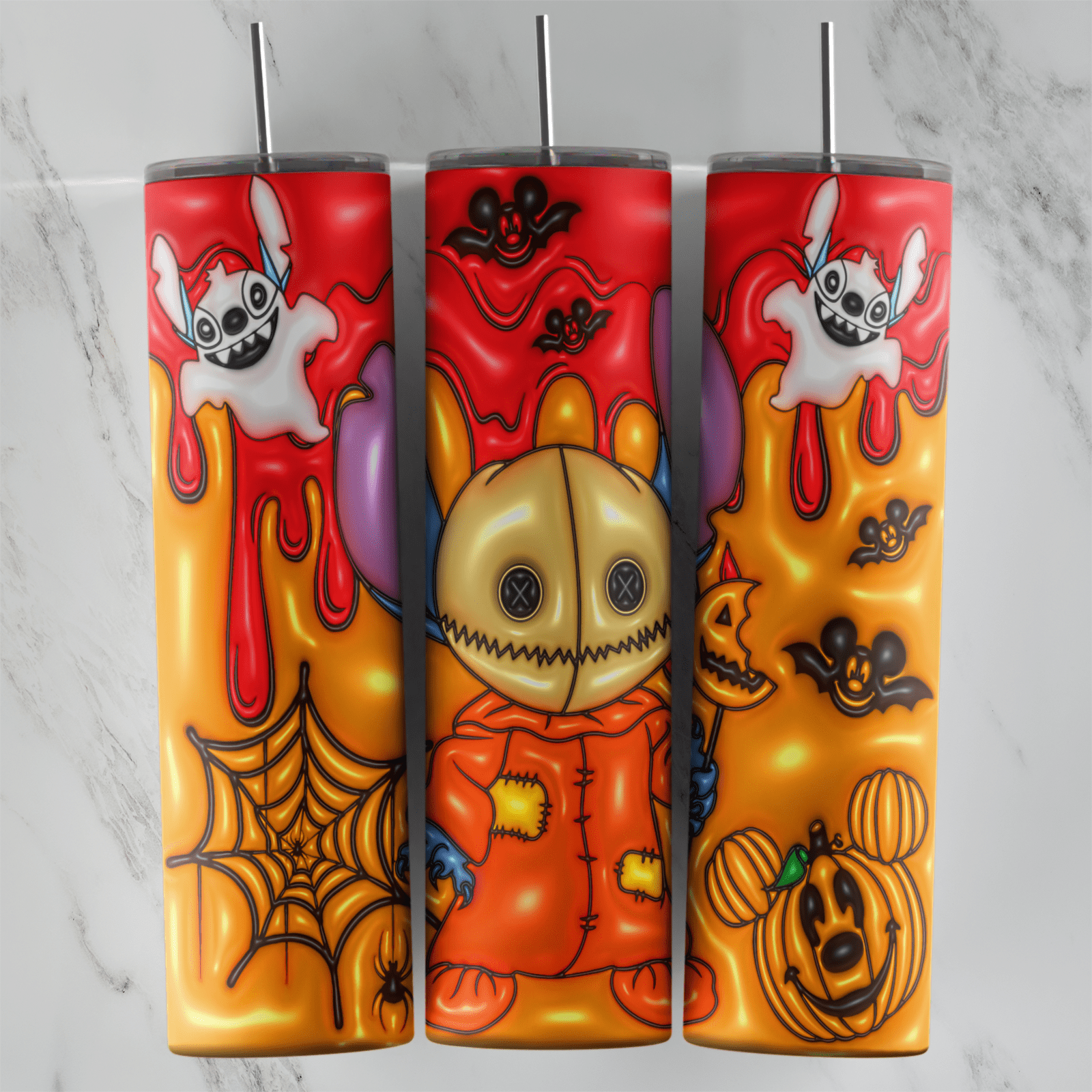 A 20 oz skinny tumbler wrap in puffy 3D style: Stitch in an orange costume with a burlap sack mask, ghost Stitches, red drips. Sublimation design
