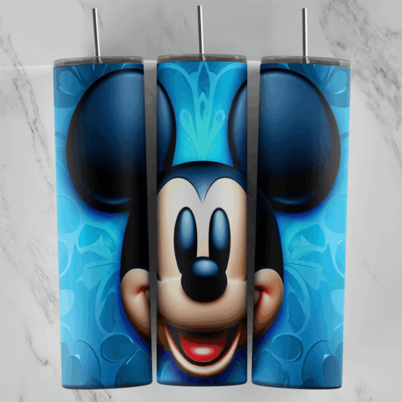 A 20 oz skinny tumbler wrap with a smiling 3D Mickey Mouse face and large ears on a bright blue textured background. Sublimation design