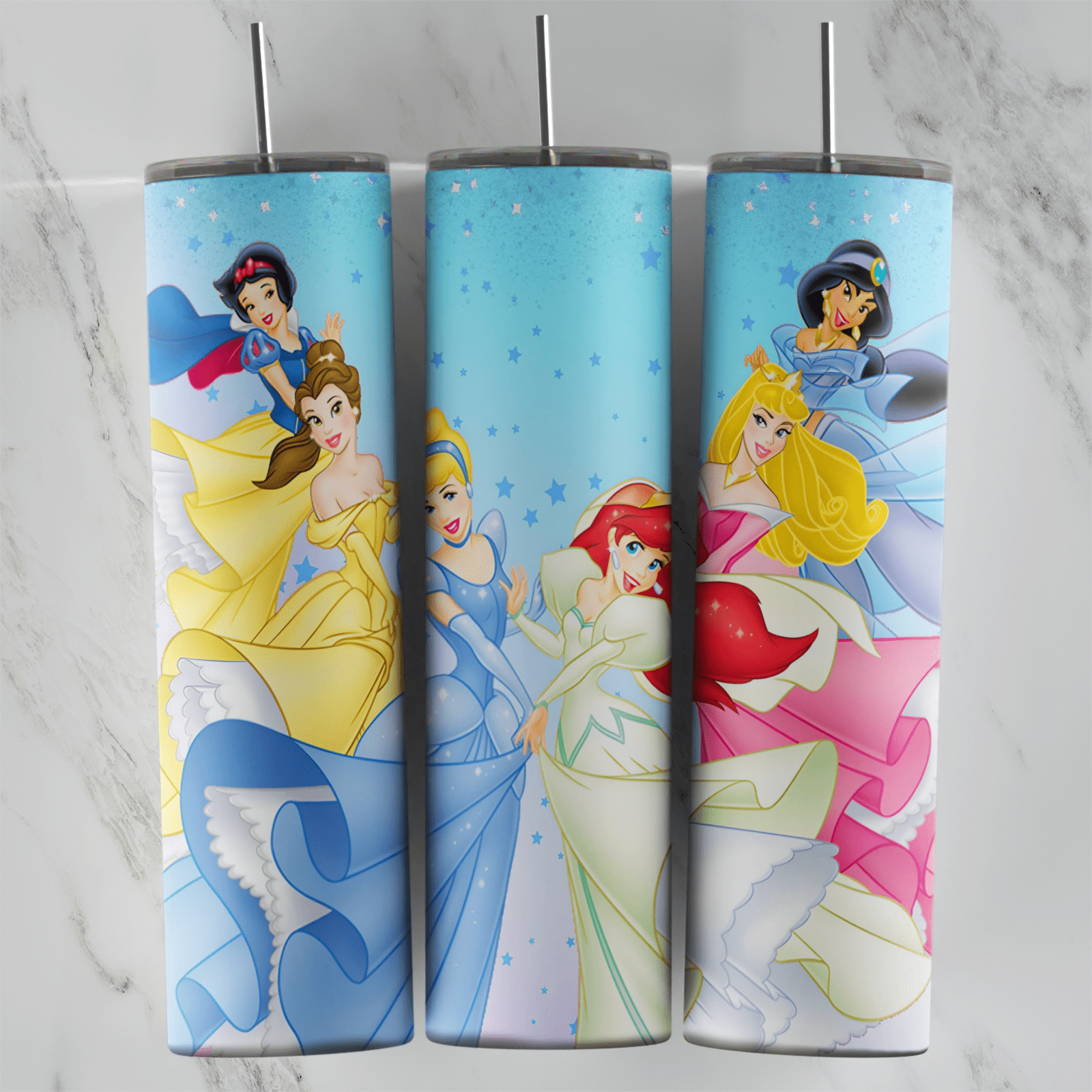 20 Oz Princess Princess Group on Blue Tumbler Cup Design