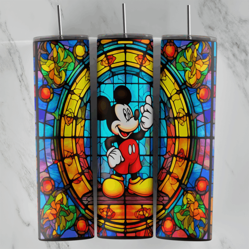 A full 20 oz skinny tumbler wrap in a stained glass style: Mickey waving inside an arched window of blue, yellow and orange glass. Sublimation design