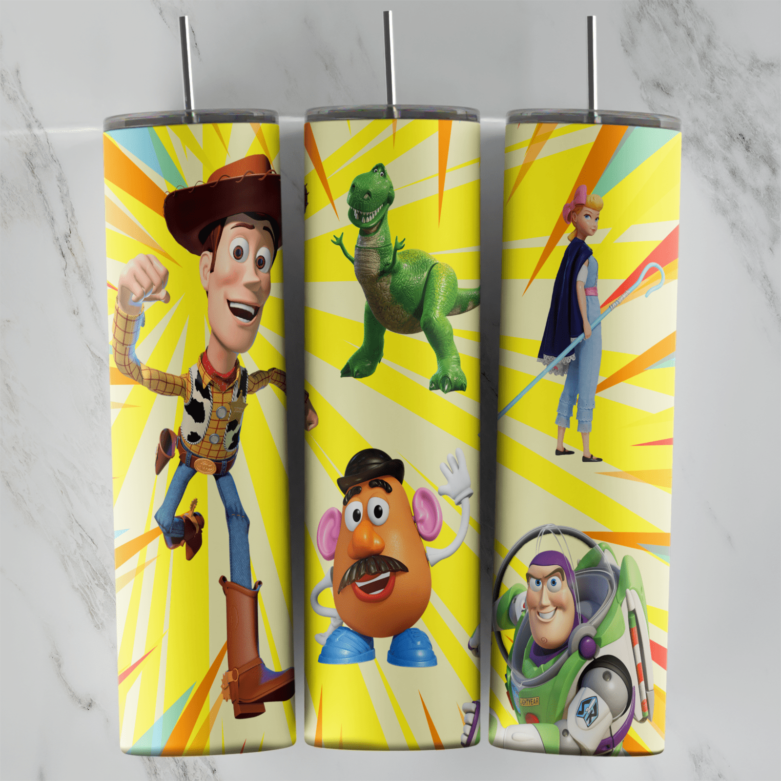 A 20 oz skinny tumbler wrap on a yellow comic sunburst: Woody, Rex, Mr. Potato Head, Bo Peep and Buzz Lightyear in full color. Sublimation design