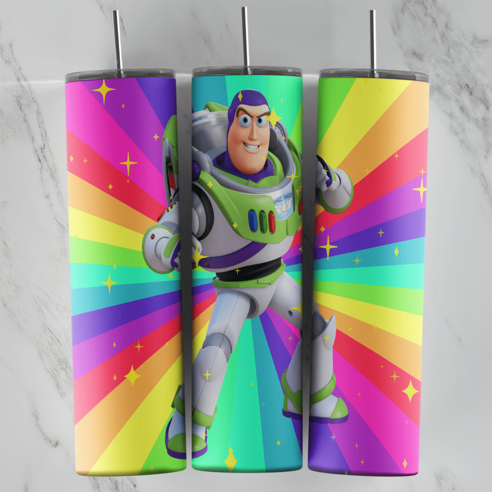 A 20 oz skinny tumbler wrap with Buzz Lightyear in the center of a bright rainbow sunburst with small star sparkles. Sublimation design