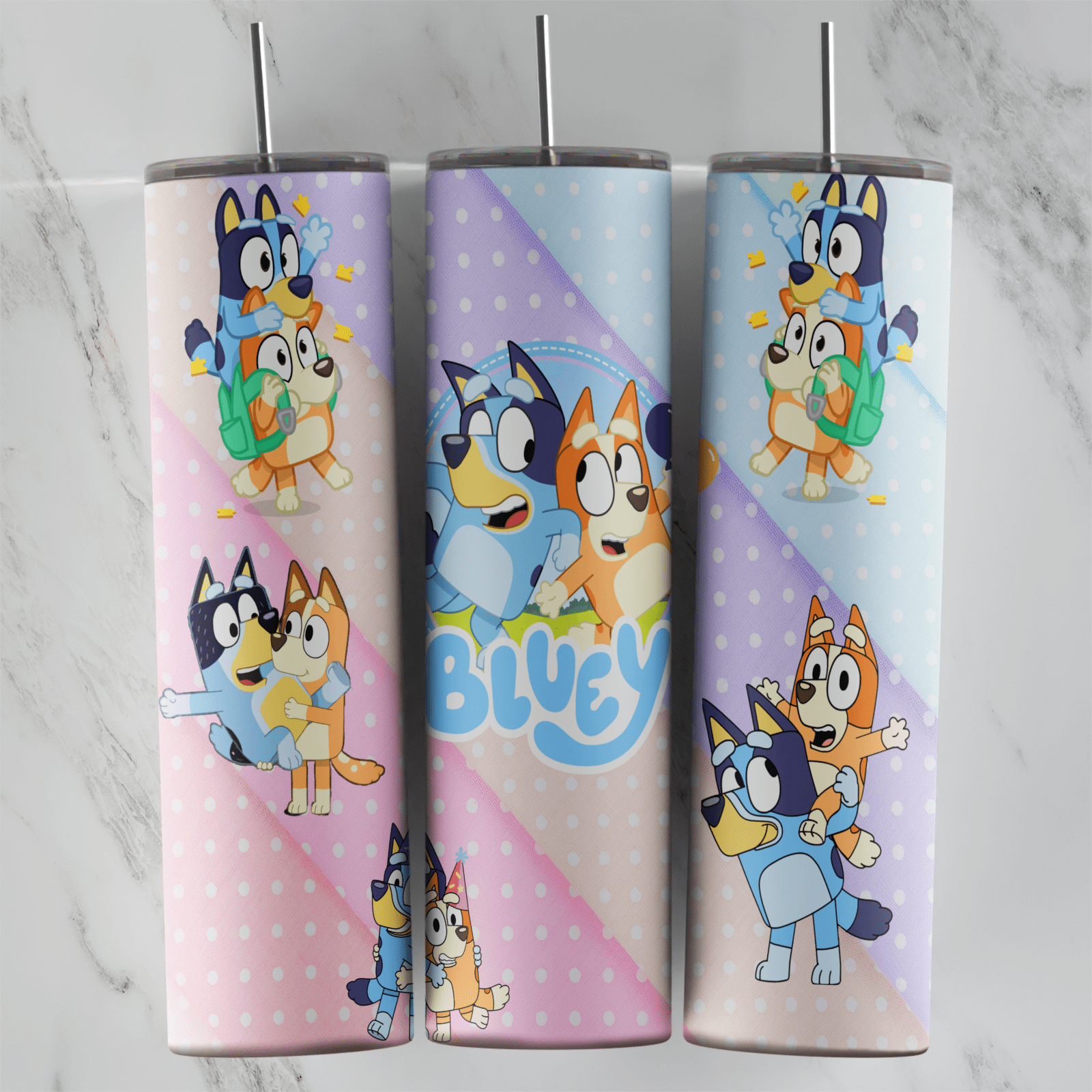 20 Oz Bluey and Bingo Pastel Diagonal Tumbler Cup Design
