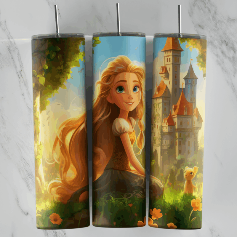 A 20 oz skinny tumbler wrap with a 3D style Rapunzel and her long golden hair sitting in a sunny garden in front of a castle tower. Sublimation design