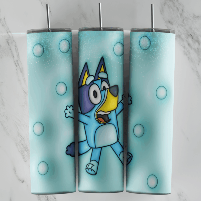 A full 20 oz skinny tumbler wrap in puffy 3D inflated style with one large Bluey jumping with arms wide, over an aqua background. Sublimation design