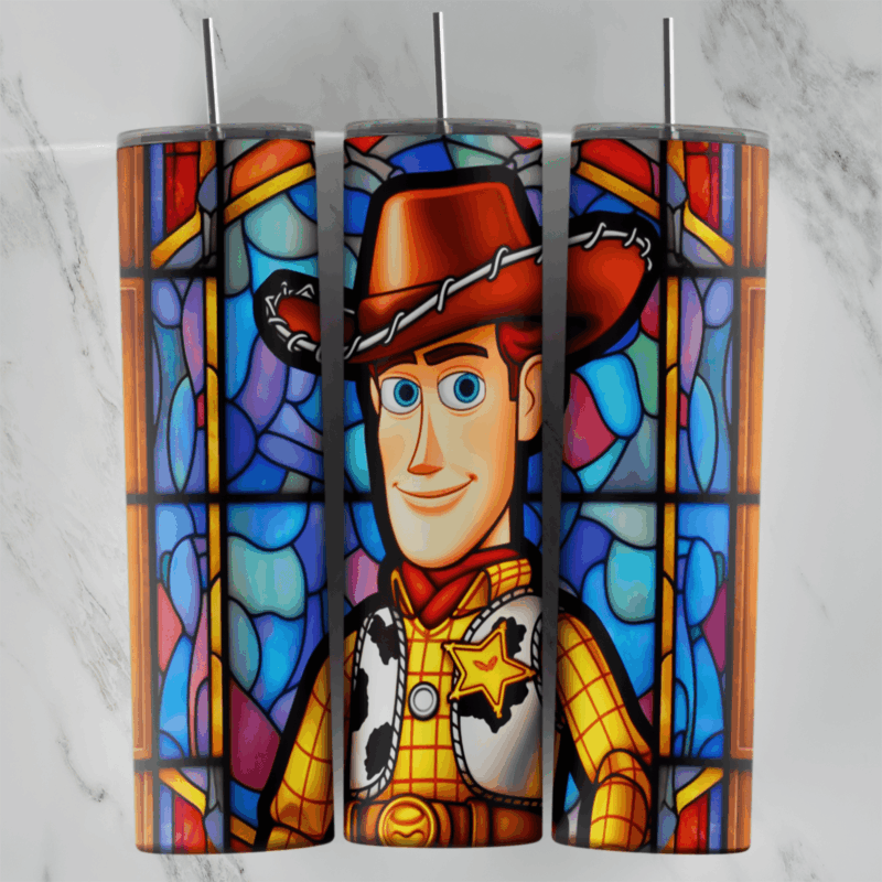 A full 20 oz skinny tumbler wrap in stained glass style with Woody from Toy Story in his cowboy hat, framed by colorful glass. Sublimation design