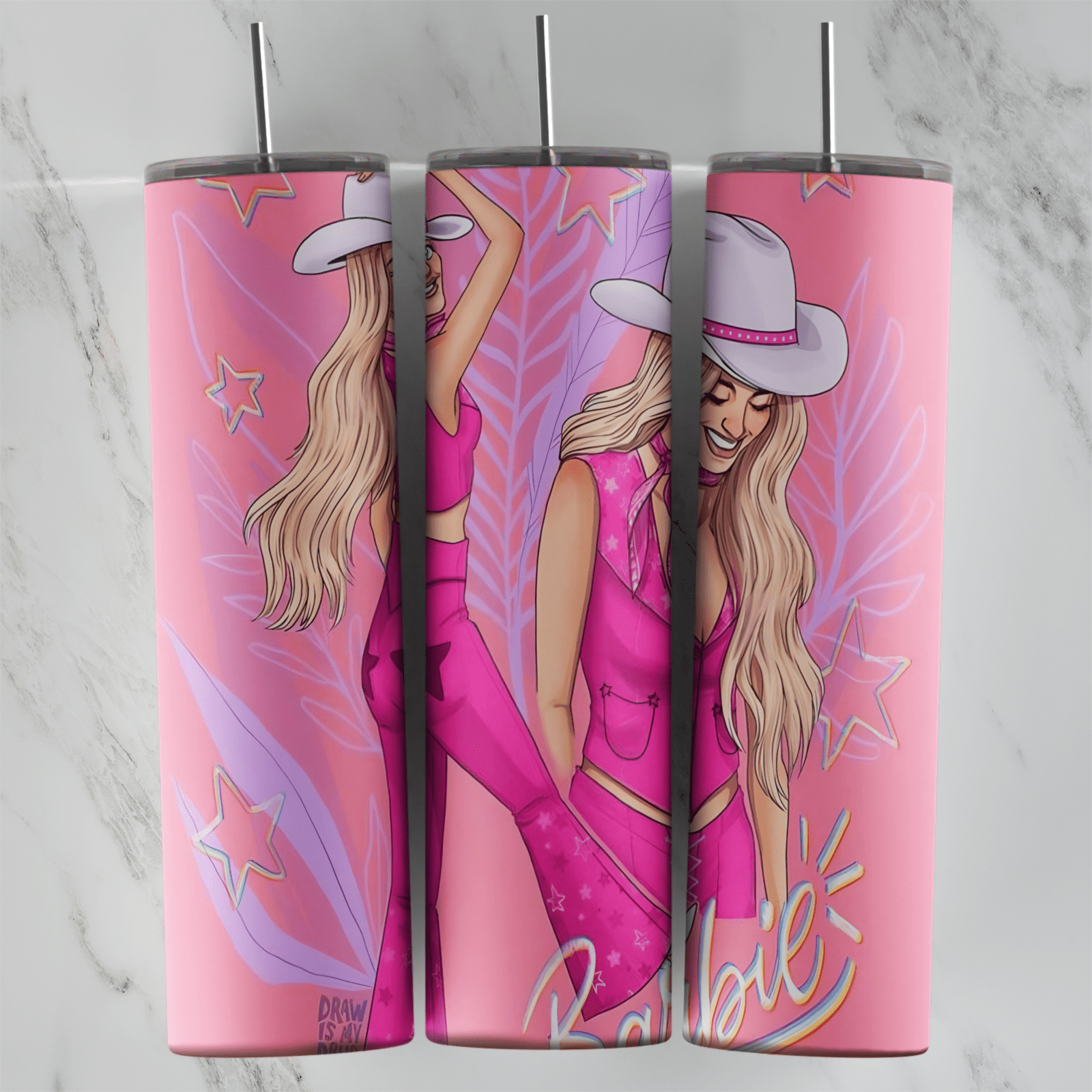 A 20 oz skinny tumbler wrap in pink: a blonde cowgirl Barbie in a pink hat and outfit drawn twice, with Barbie script lettering. Sublimation design