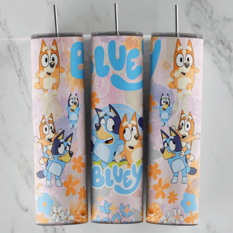 A 20 oz skinny tumbler wrap with Bluey and Bingo in several poses around large Bluey lettering, on a pink and lavender background. Sublimation design