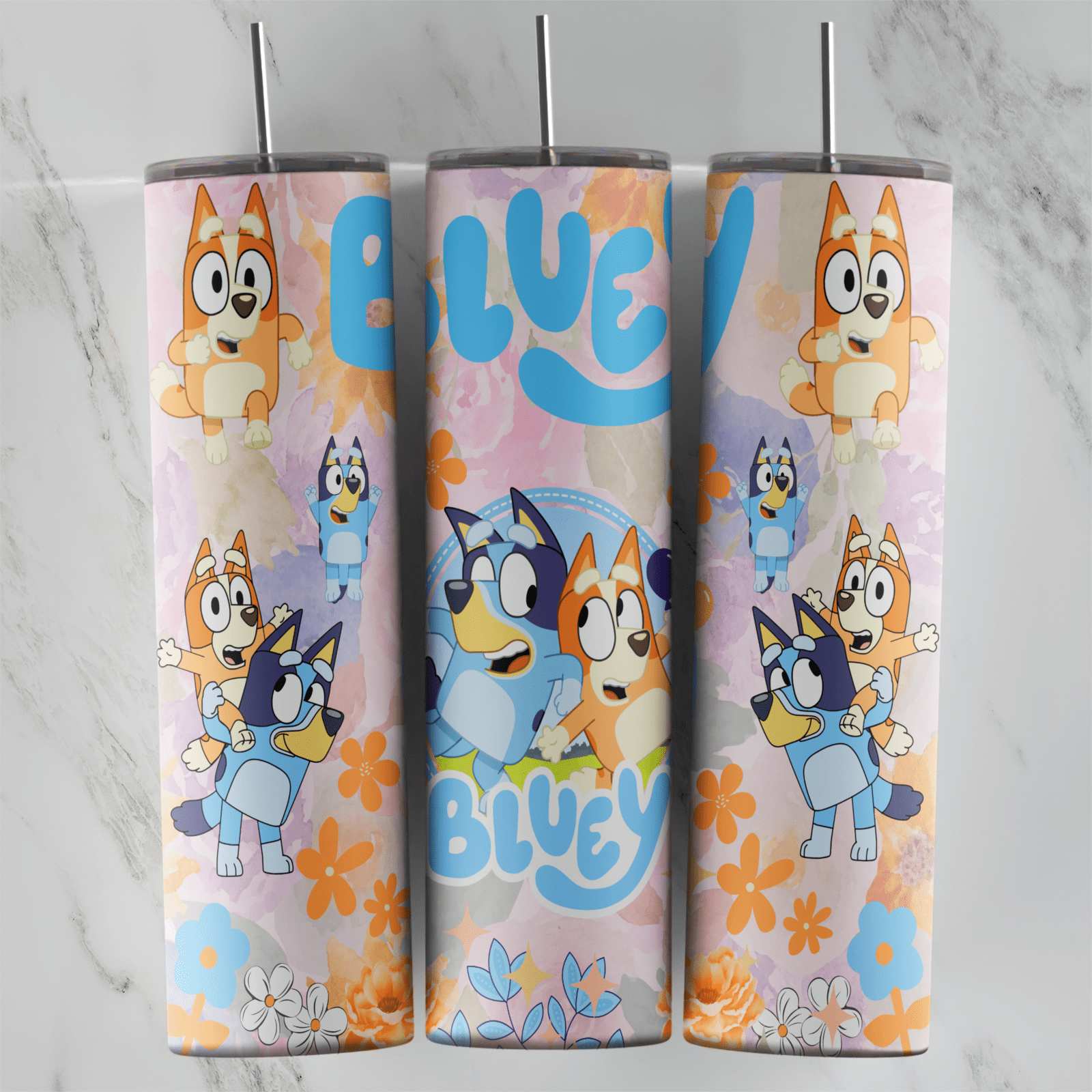 20 Oz Bluey and Bingo Lavender Flowers Tumbler Cup Design