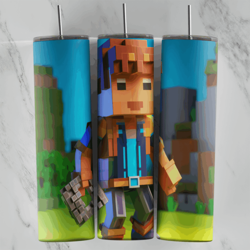 A 20 oz skinny tumbler wrap with a 3D blocky explorer with orange hair holding a stone tool, standing on grass hills under a blue. Sublimation design