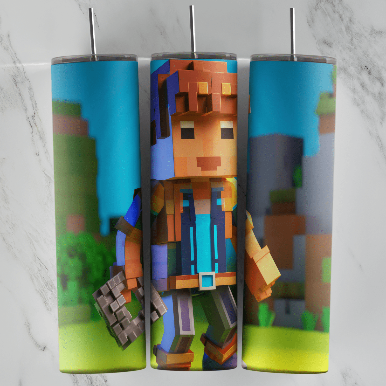 A 20 oz skinny tumbler wrap with a 3D blocky explorer with orange hair holding a stone tool, standing on grass hills under a blue. Sublimation design