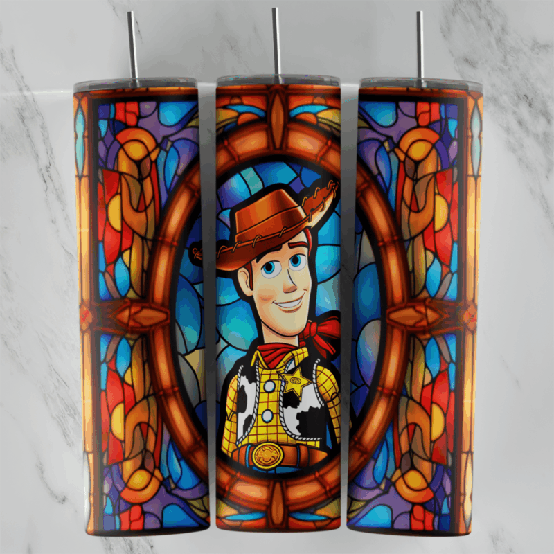 A full 20 oz skinny tumbler wrap in stained glass style with Woody from Toy Story inside a round wooden frame, surrounded by. Sublimation design