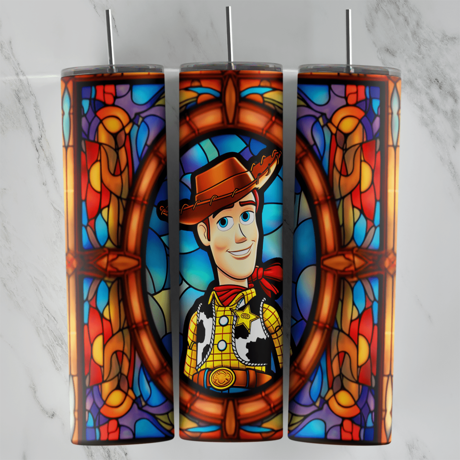 A full 20 oz skinny tumbler wrap in stained glass style with Woody from Toy Story inside a round wooden frame, surrounded by. Sublimation design