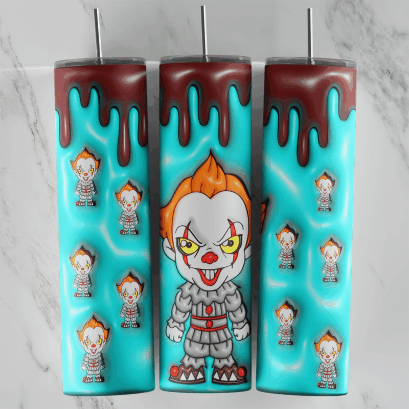 A 3D inflated style tumbler wrap with a chibi Pennywise clown, small Pennywise figures and puffy brown drips over a turquoise. Sublimation design