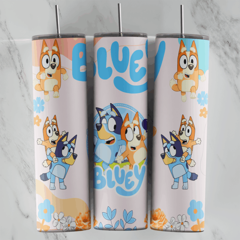 20 Oz Bluey and Bingo Pastel Flowers Tumbler Cup Design