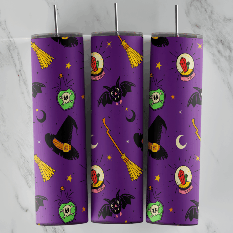 A 20 oz skinny tumbler wrap with a purple Halloween pattern of witch hats, brooms, bats, crystal balls, green poison bottles. Sublimation design