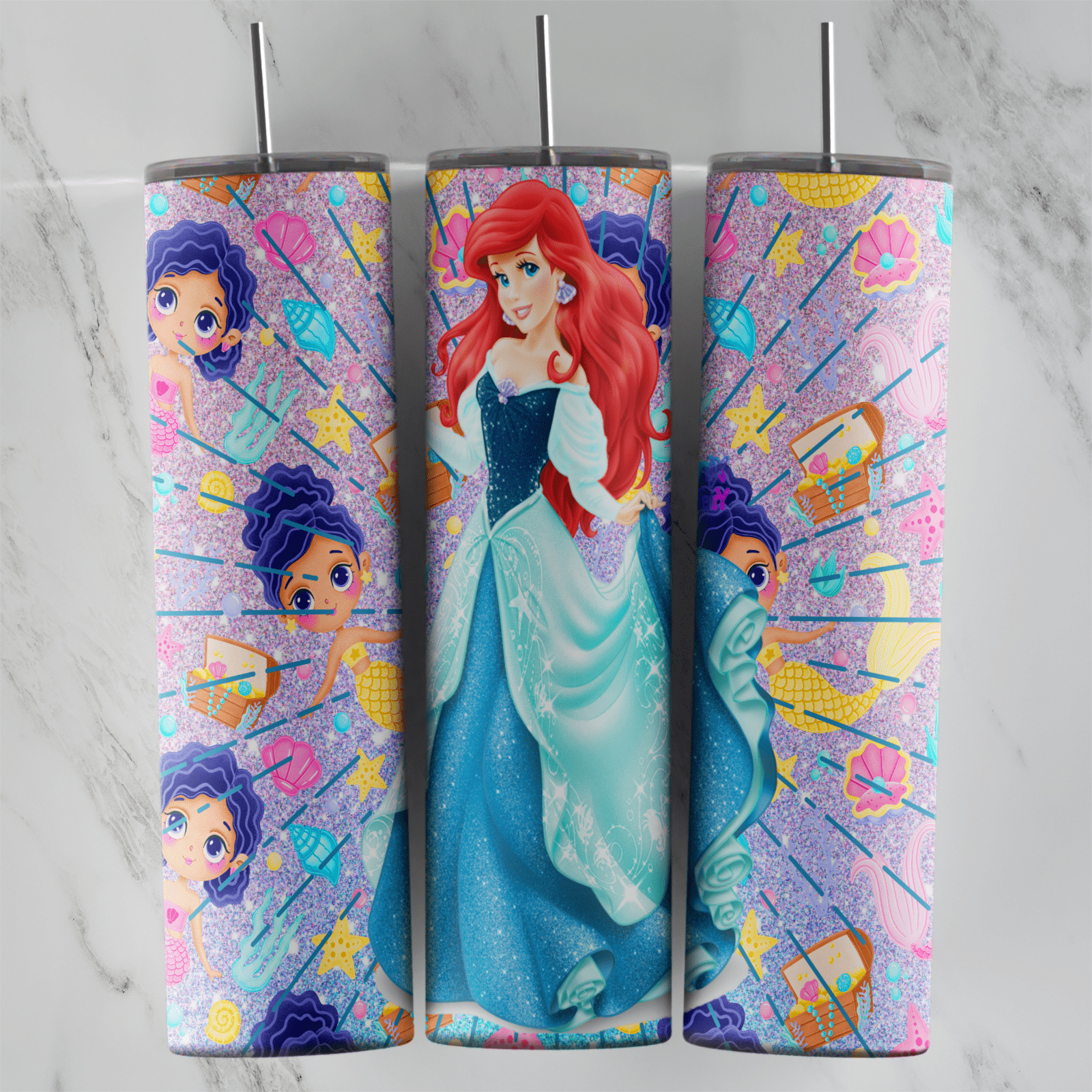 20 Oz Little Mermaid Blue Gown Chibi Tumbler Cup Design