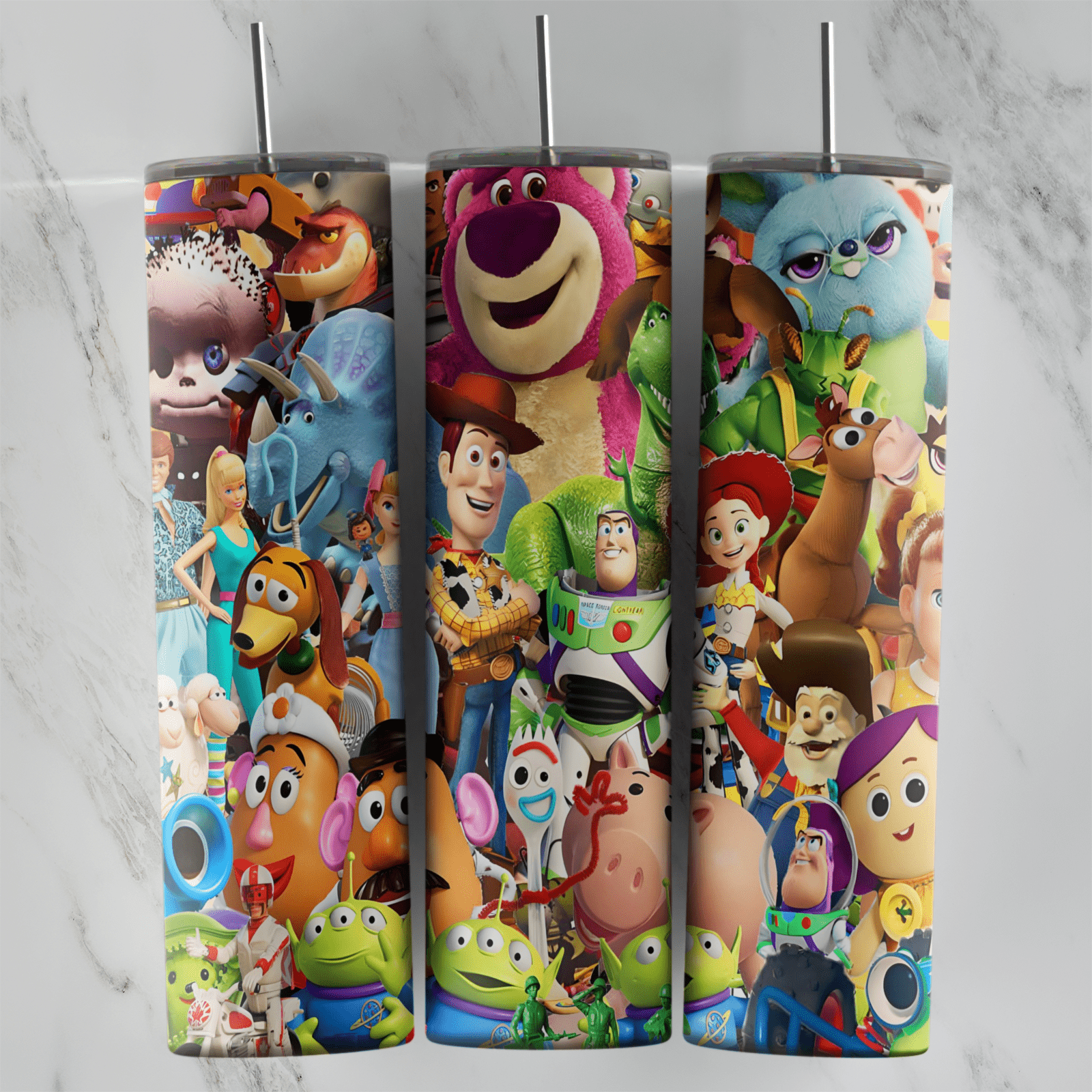 A 20 oz skinny tumbler wrap packed edge to edge with Toy Story characters, including Lotso, Woody, Buzz, Jessie, Rex, Hamm, Mr.. Sublimation design