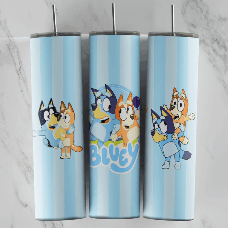 A 20 oz skinny tumbler wrap with Bluey, Bingo and Bandit hugging and playing on light blue vertical stripes, with a Bluey logo. Sublimation design