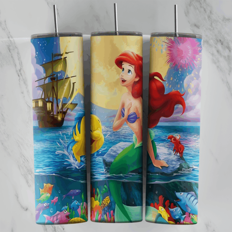A 20 oz skinny tumbler wrap with Ariel on a rock in the sea, Flounder, Sebastian, a sailing ship and a bright sky. Sublimation design