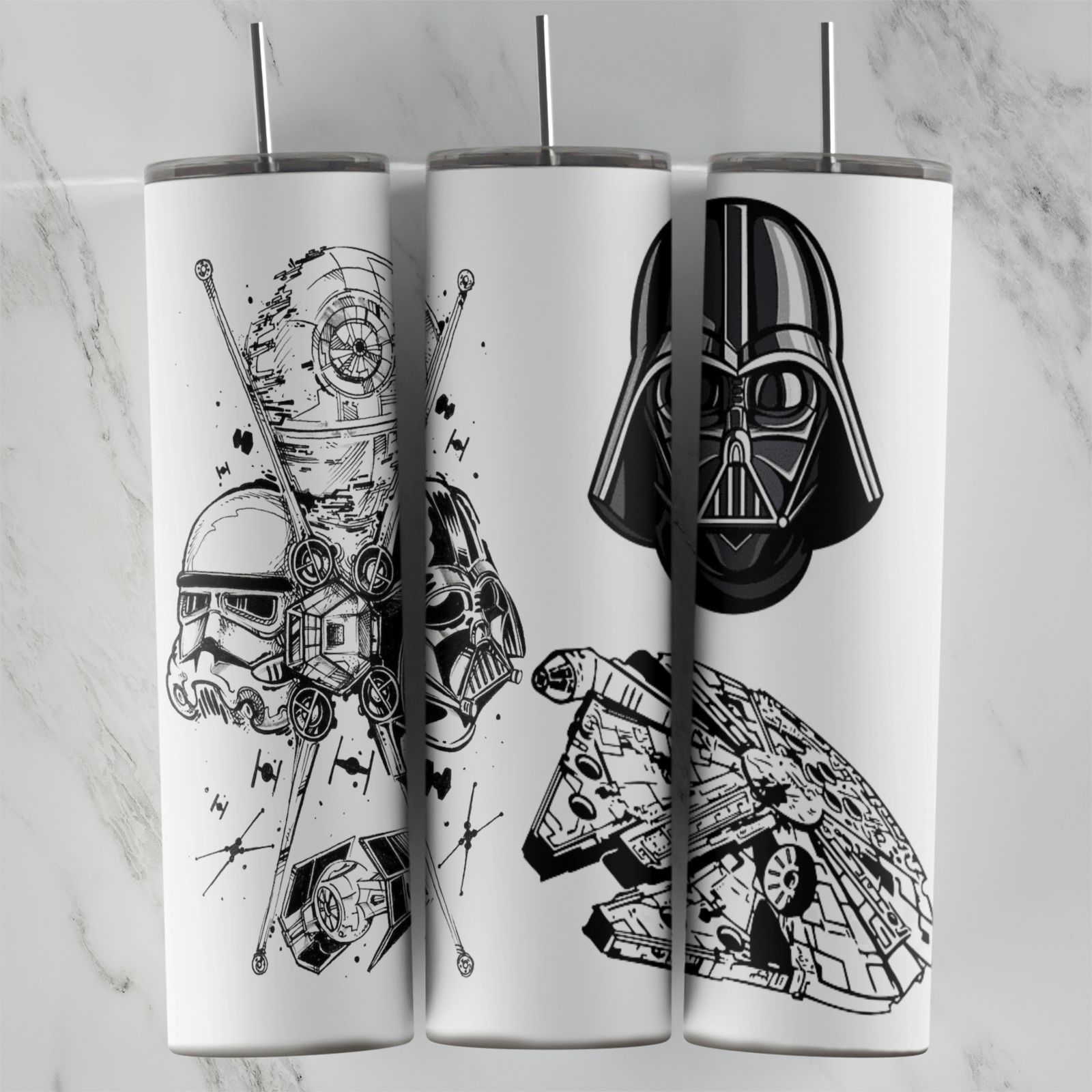 A 20 oz skinny tumbler wrap with black sketch art on white: the Darth Vader helmet, a Stormtrooper, the Death Star, TIE fighters. Sublimation design