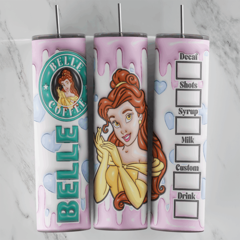 A full 20 oz skinny tumbler wrap in puffy 3D style with Belle in her yellow gown, a Belle Coffee badge, Belle lettering. Sublimation design