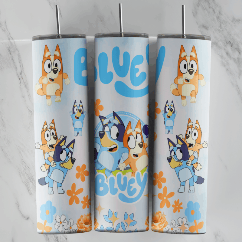 A 20 oz skinny tumbler wrap with Bluey and Bingo in several poses around large Bluey lettering, on a light blue background. Sublimation design