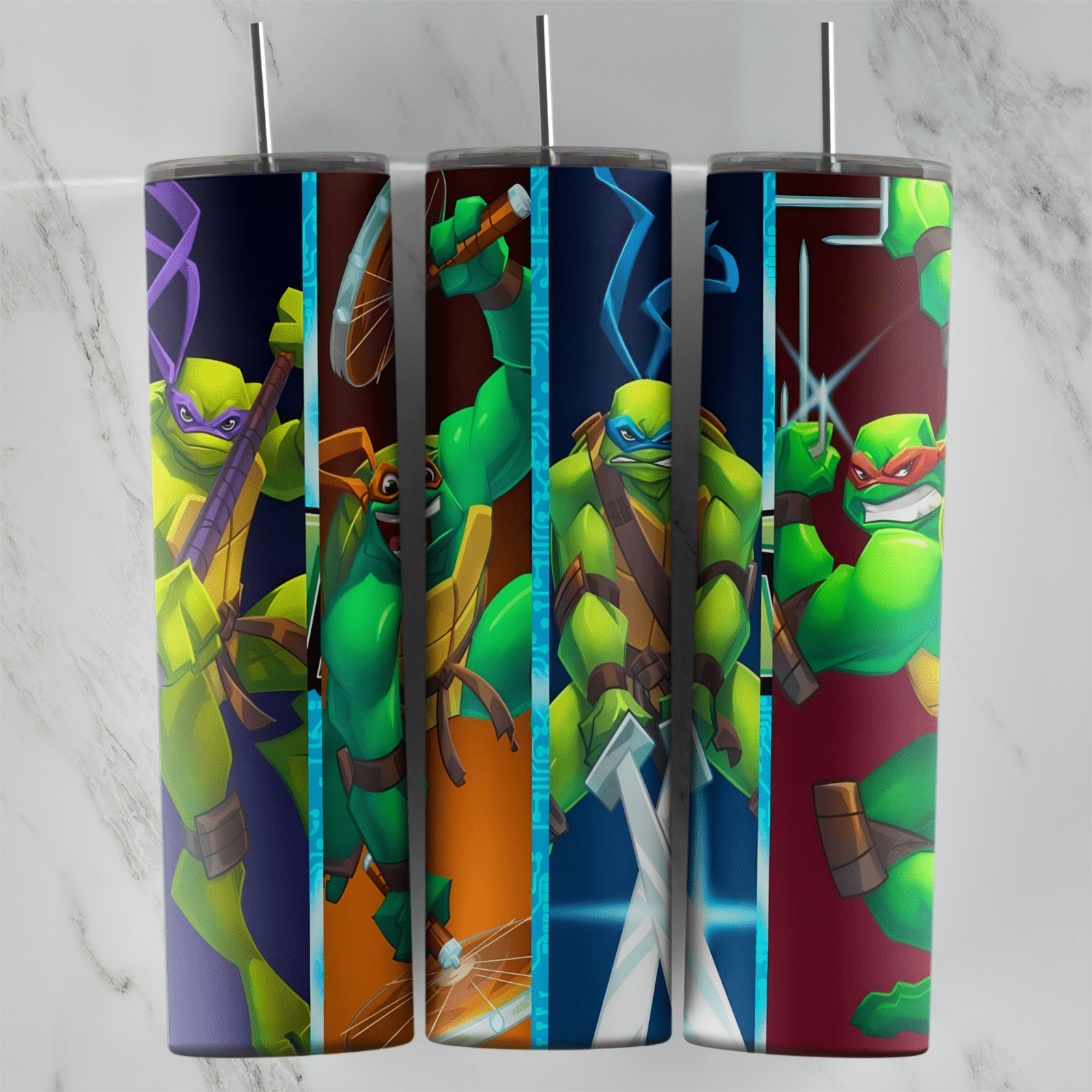 A 20 oz skinny tumbler wrap with the four ninja turtles in action poses split across vertical panels of purple, orange, blue. Sublimation design