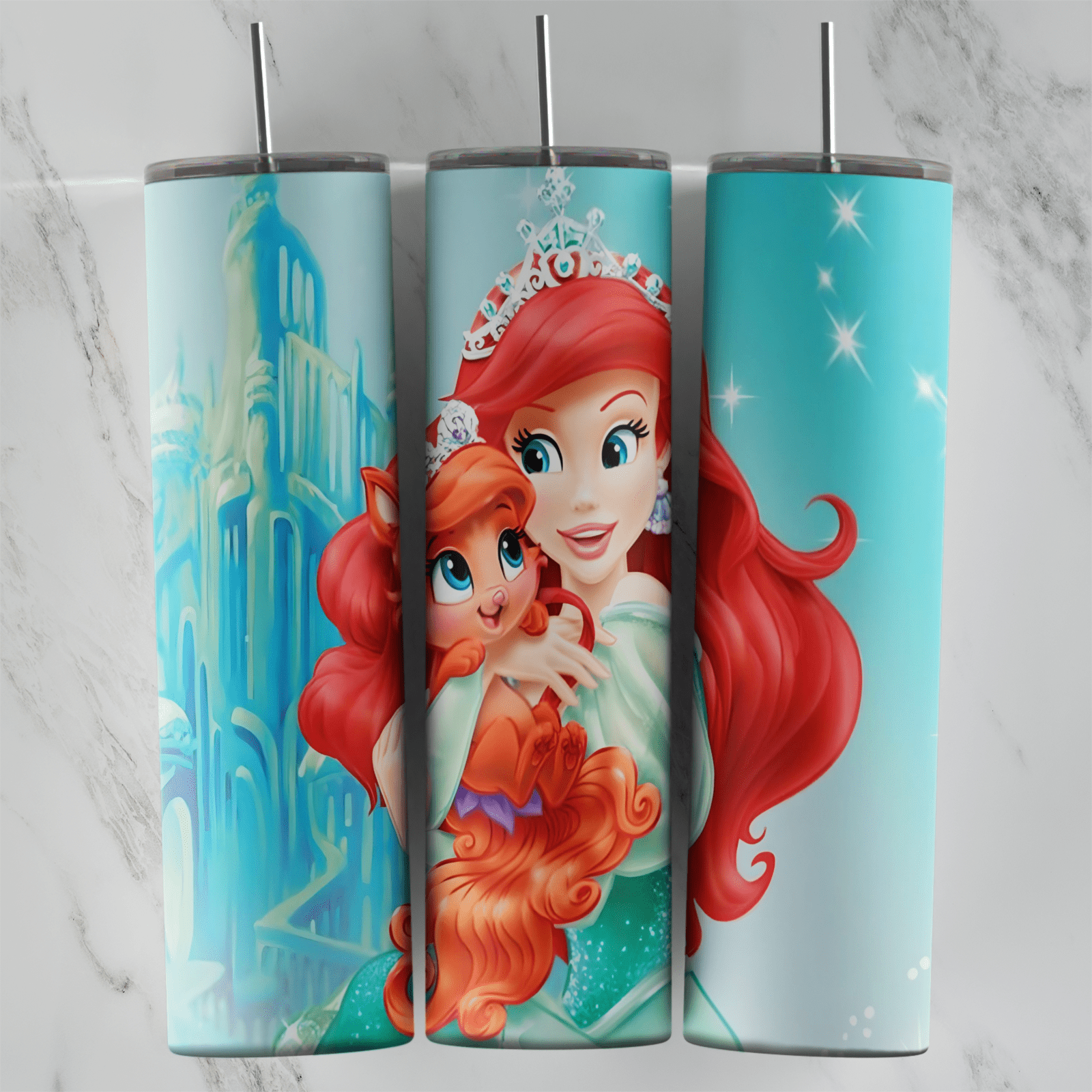20 Oz Princess Ariel Tiara and Kitten Tumbler Cup Design