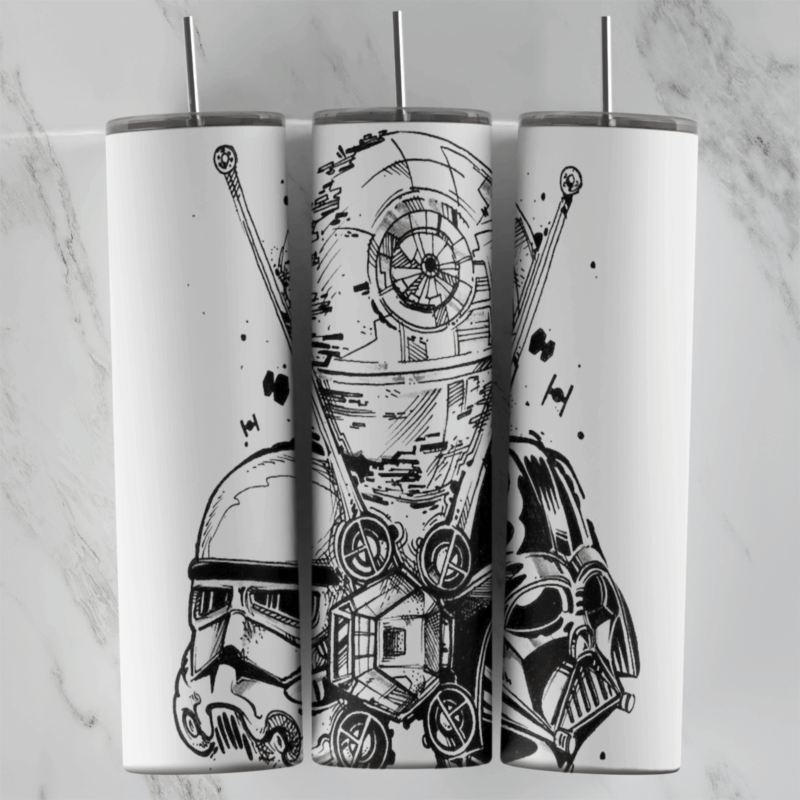 A 20 oz skinny tumbler wrap with black ink sketch Star Wars art on white: a Stormtrooper helmet, the Death Star, TIE fighters. Sublimation design