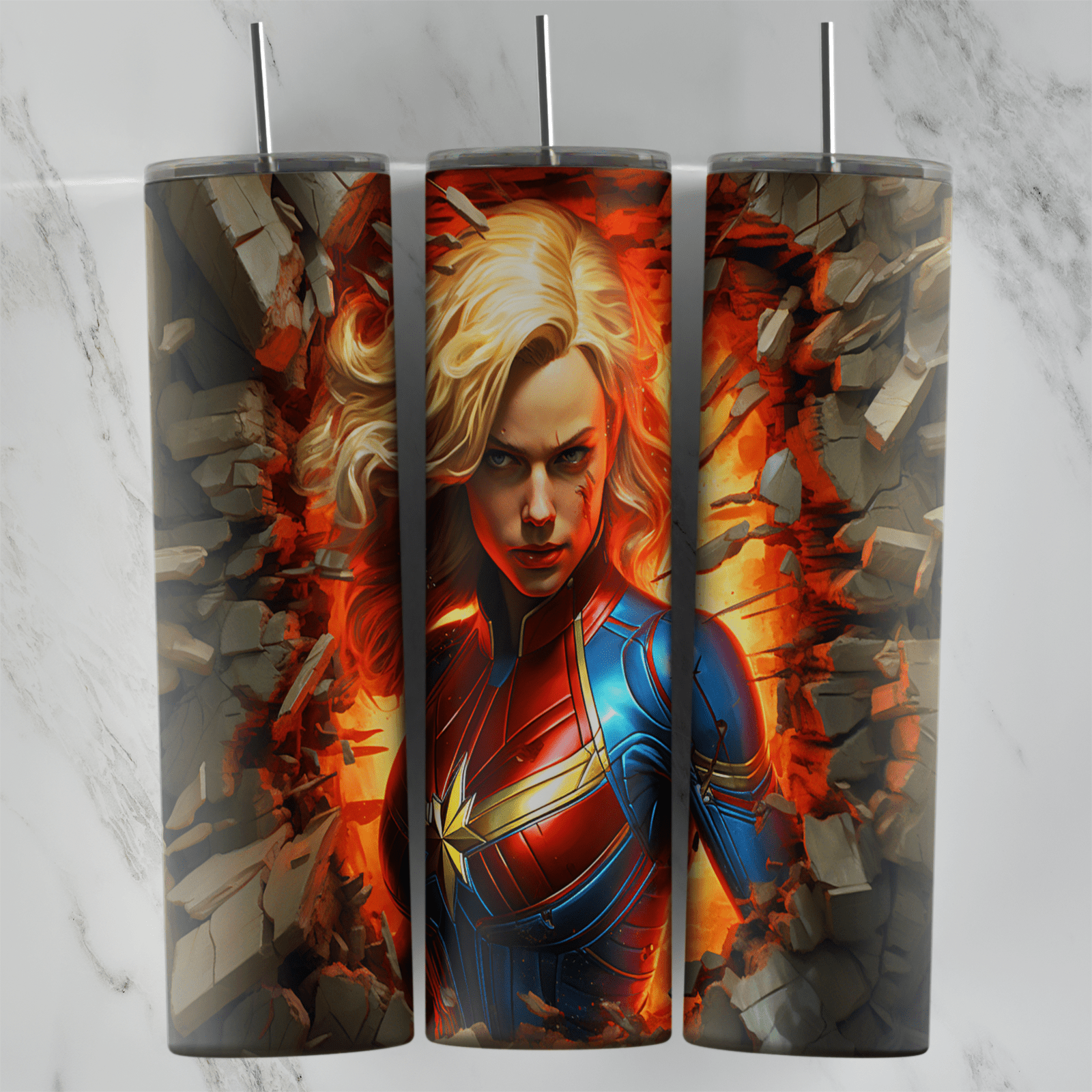 A full 20 oz skinny tumbler wrap in 3D style with Captain Marvel glaring forward, breaking out of a cracked gray stone wall. Sublimation design