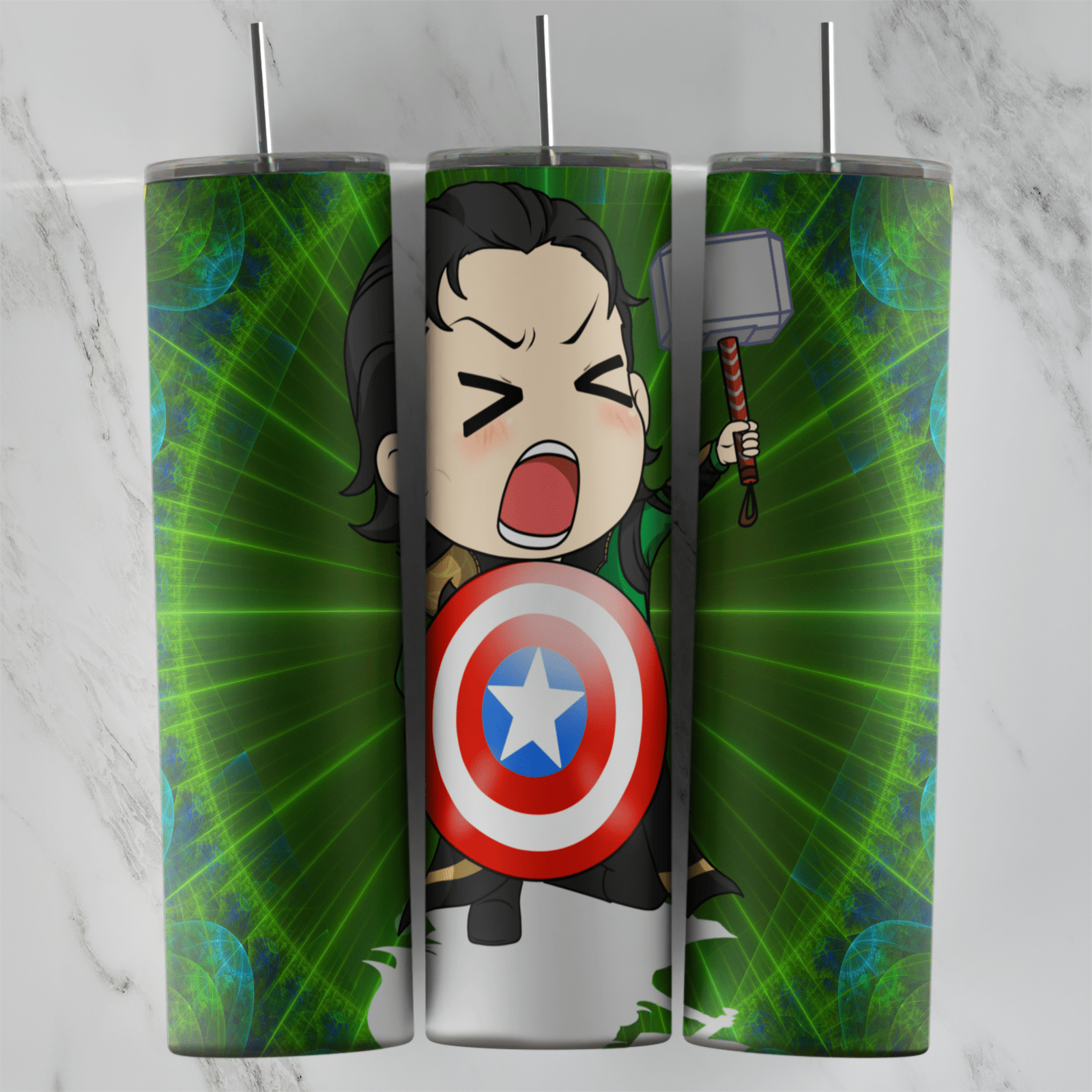 A 20 oz skinny tumbler wrap on a green burst with a crying chibi Loki holding Captain America’s shield and Thor’s hammer beside. Sublimation design
