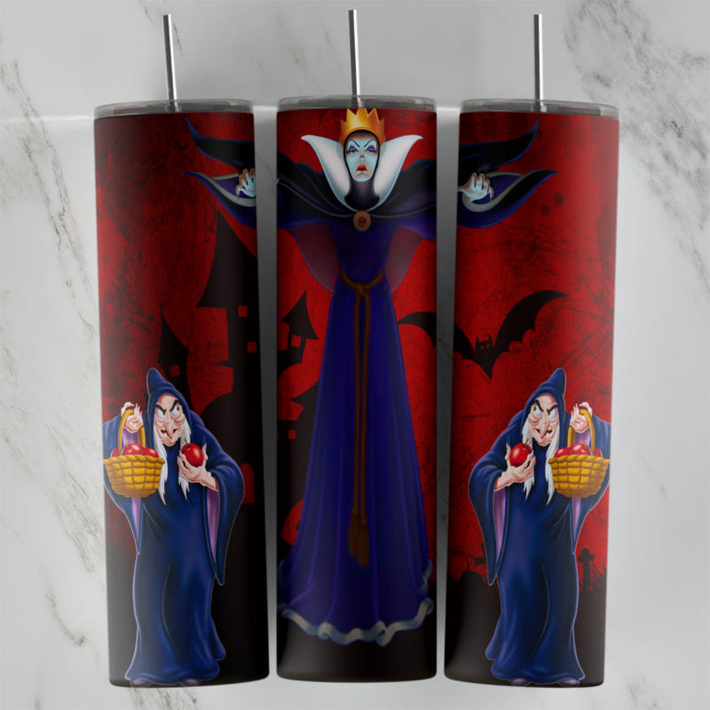 A red and black 20 oz tumbler wrap with the Evil Queen in the center, the old hag with her apple basket on both sides and flying. Sublimation design