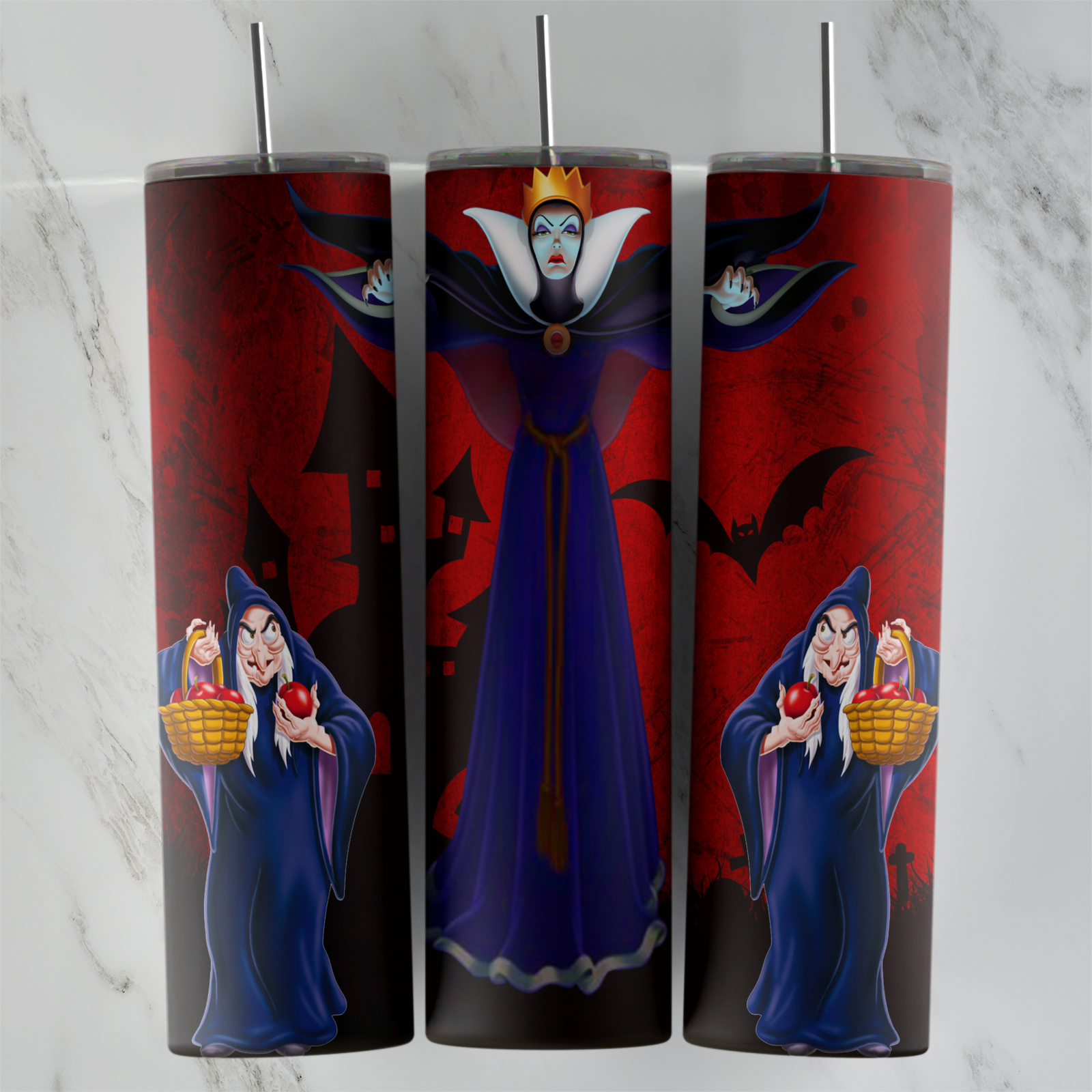 A red and black 20 oz tumbler wrap with the Evil Queen in the center, the old hag with her apple basket on both sides and flying. Sublimation design