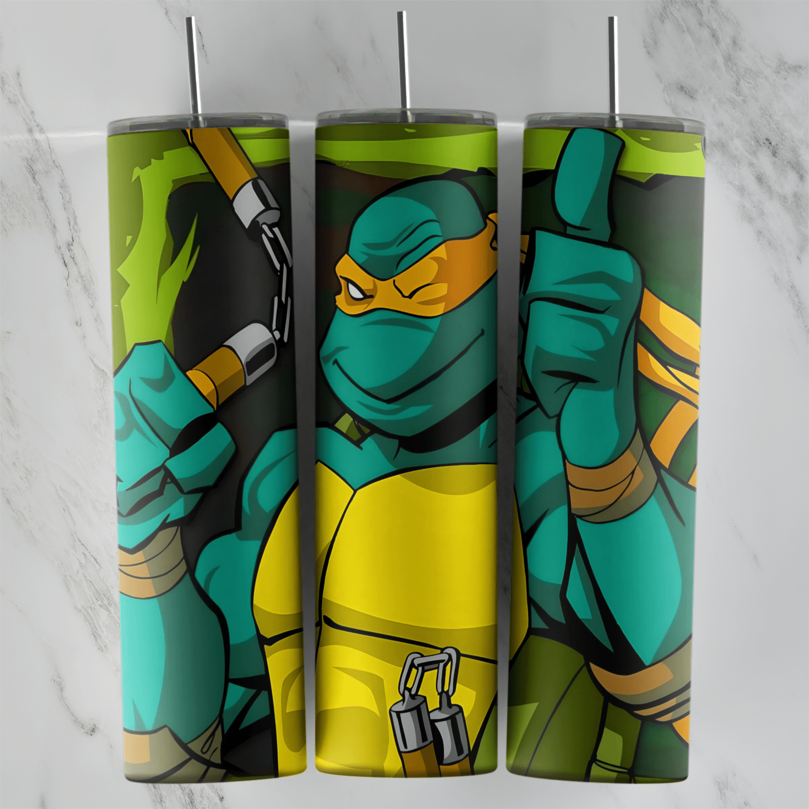 A 20 oz skinny tumbler wrap with a close up of Michelangelo in an orange mask swinging his nunchucks, drawn in bold teal. Sublimation design
