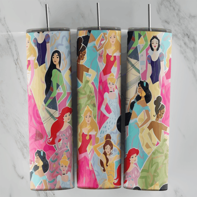 A 20 oz skinny tumbler wrap packed with princesses, including Snow White, Cinderella, Aurora, Ariel, Belle, Jasmine, Mulan. Sublimation design