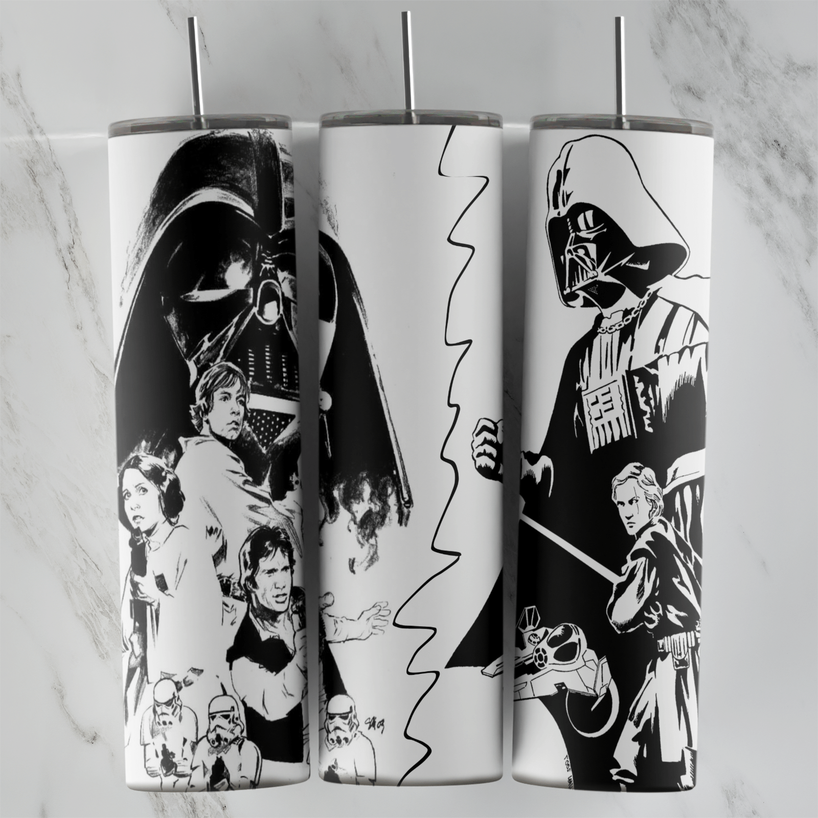 A 20 oz skinny tumbler wrap with black and white Star Wars art: Luke, Leia and Han, Stormtroopers, and Darth Vader facing Luke. Sublimation design