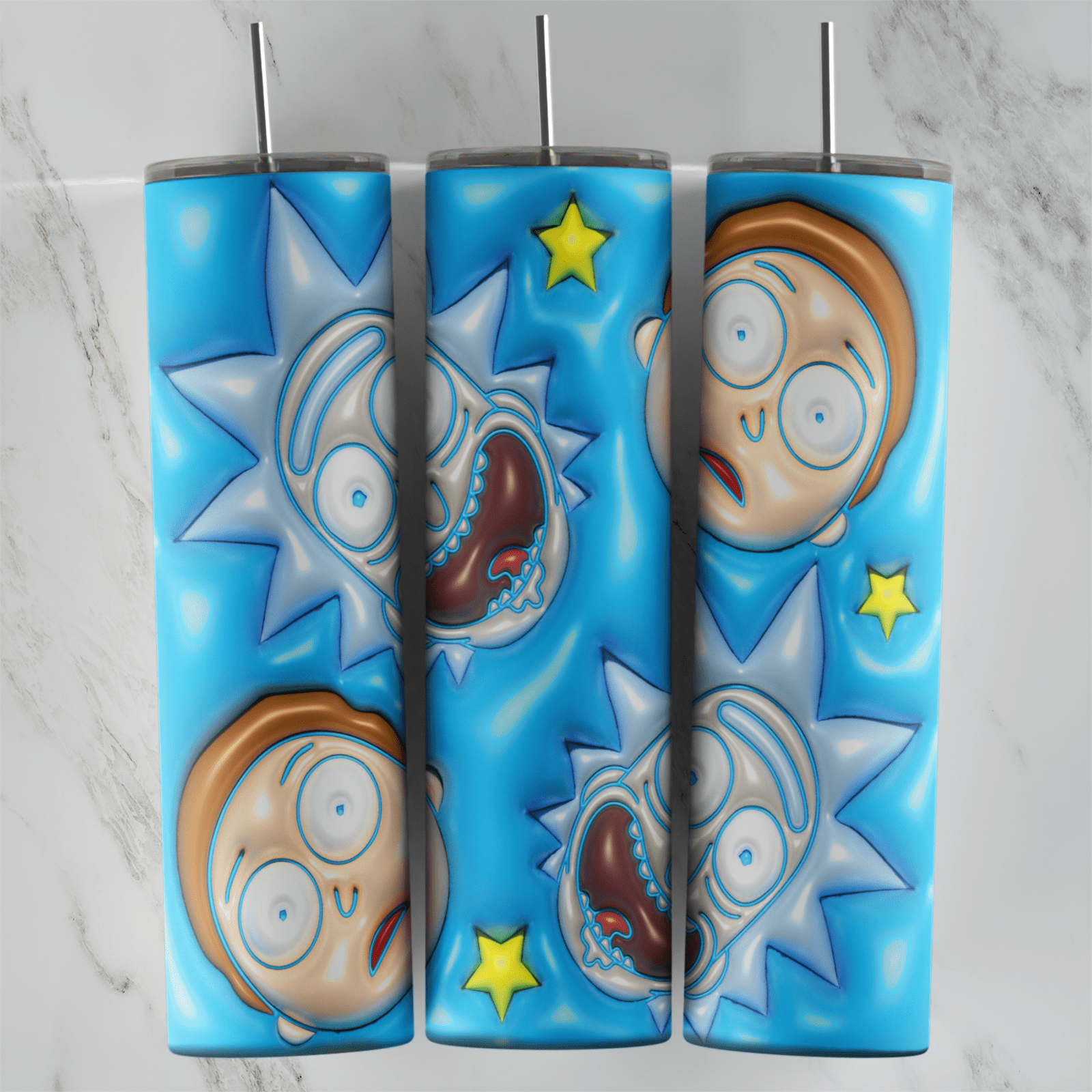 20 Oz 3D Inflated Rick Morty Faces and Stars Tumbler Cup Design