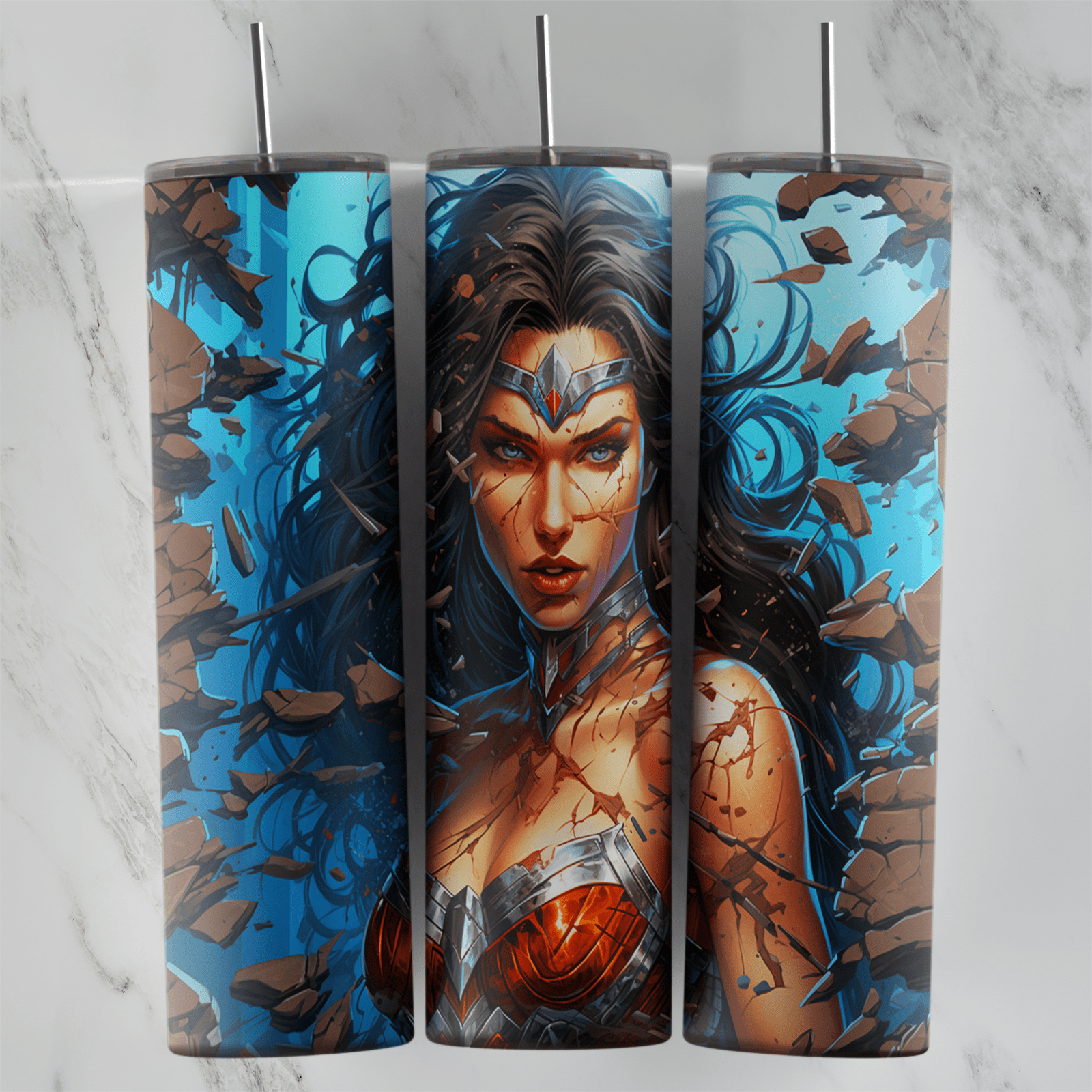 A full 20 oz skinny tumbler wrap in 3D style with Wonder Woman in her tiara and armor, breaking out of a cracked bright blue wall. Sublimation design