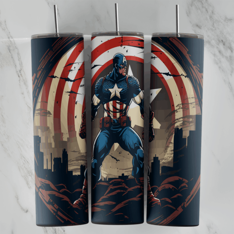 A 20 oz skinny tumbler wrap with Captain America standing in front of large shield rings over a dark city skyline in navy, red. Sublimation design