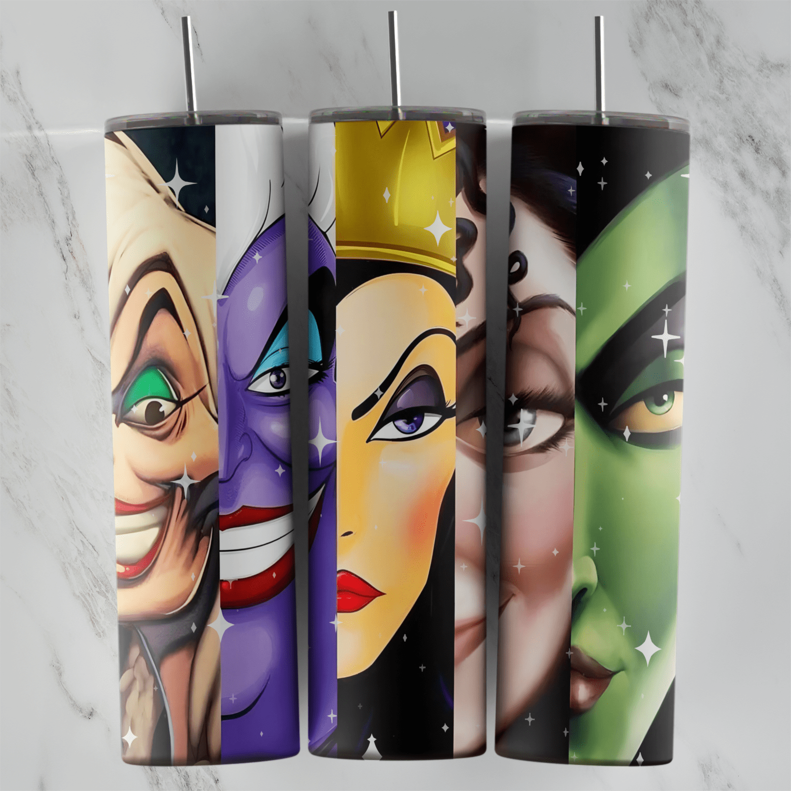 A 20 oz tumbler wrap of Disney villain faces side by side in close up: Cruella, Ursula, the Evil Queen and green skinned. Sublimation design