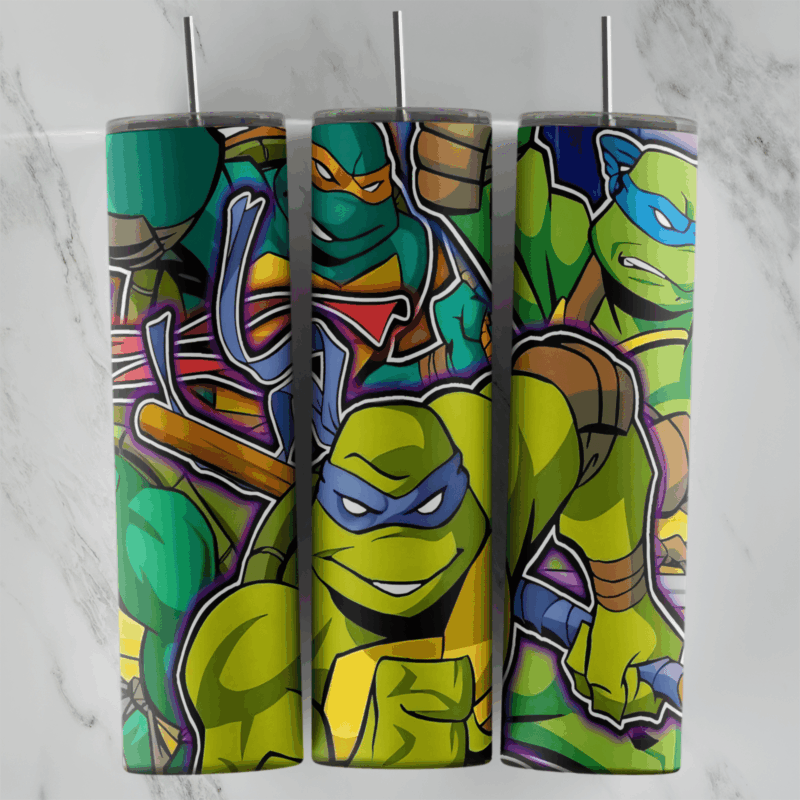 A 20 oz skinny tumbler wrap with bold comic style Teenage Mutant Ninja Turtles packed edge to edge: Leonardo in front. Sublimation design