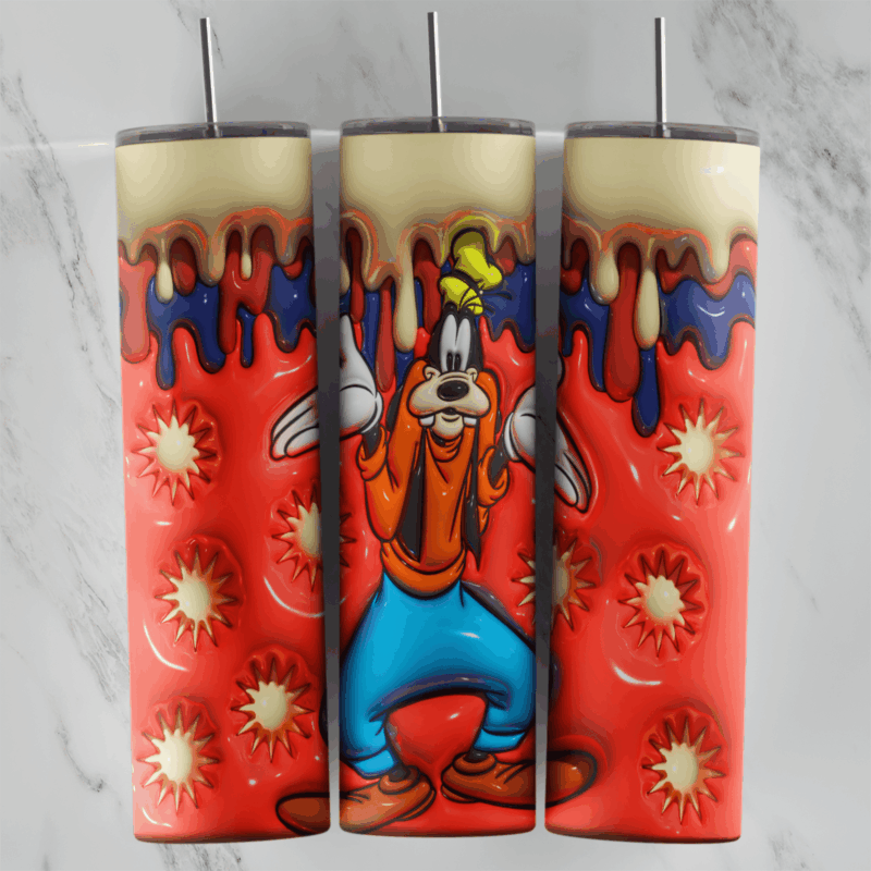 A full 20 oz skinny tumbler wrap in puffy 3D style with Goofy on a red background, a cream and blue drip along the top and sun. Sublimation design
