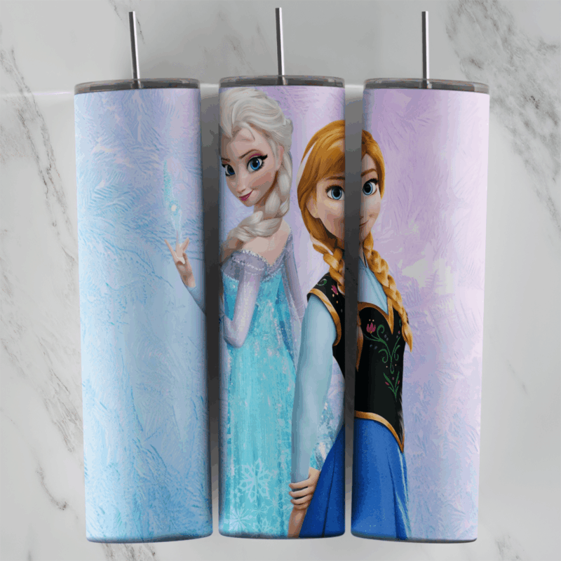 A 20 oz skinny tumbler wrap on a soft pastel purple and blue frosted background with Elsa and Anna standing side by side. Sublimation design