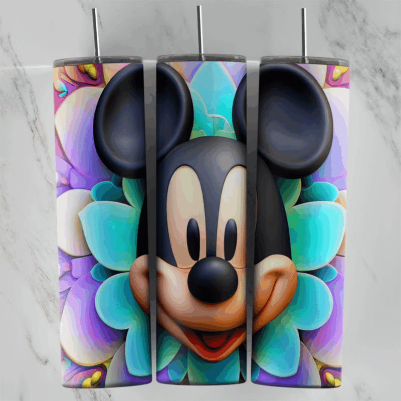 A 20 oz skinny tumbler wrap with a smiling 3D Mickey Mouse face set in a large teal and purple flower on a pastel background. Sublimation design
