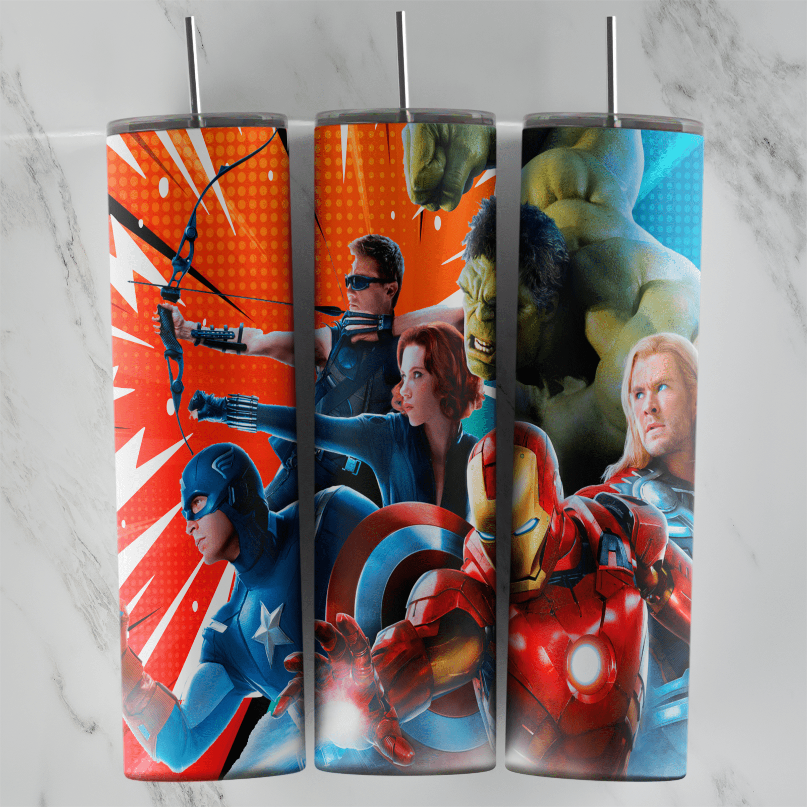 A 20 oz skinny tumbler wrap in comic art style with Captain America, Iron Man, Thor, Black Widow, Hawkeye and the Hulk over. Sublimation design