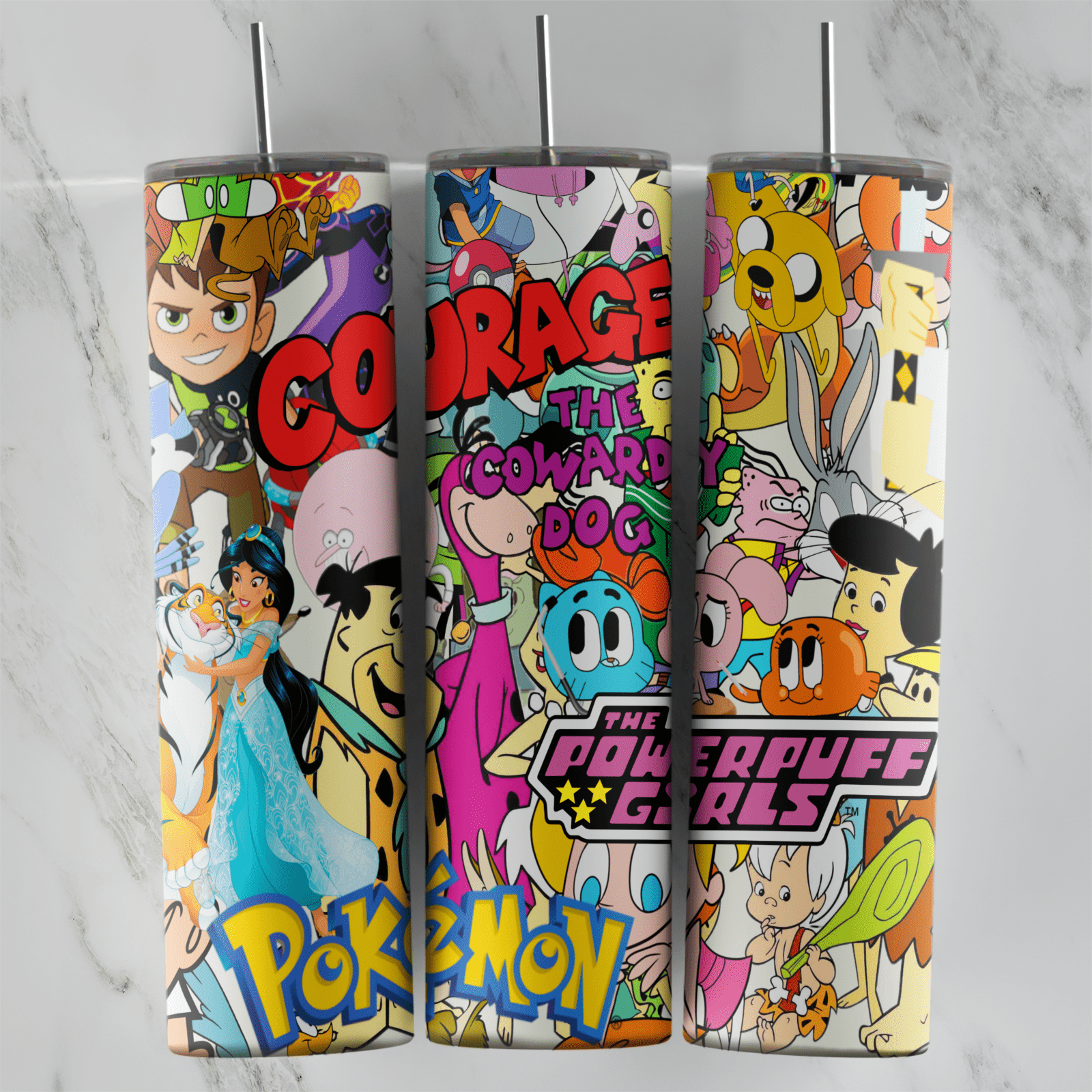 A 20 oz tumbler wrap collage with Courage the Cowardly Dog, The Powerpuff Girls and Pokemon logos, plus Ben 10, Jasmine, Fred. Sublimation design