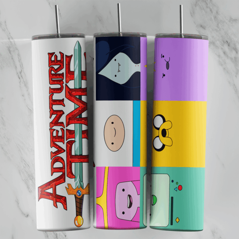 A full 20 oz skinny tumbler wrap with the red Adventure Time logo and sword, and color block panels of Finn, Jake, Princess. Sublimation design