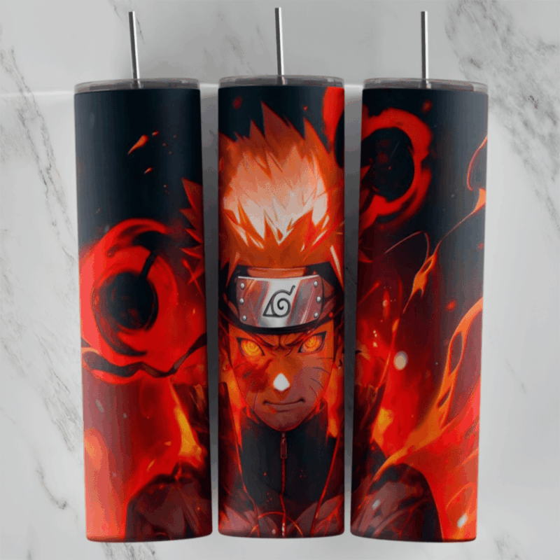 A full 20 oz skinny tumbler wrap of Naruto with glowing eyes and red hair, surrounded by red fire and swirling chakra on a black. Sublimation design